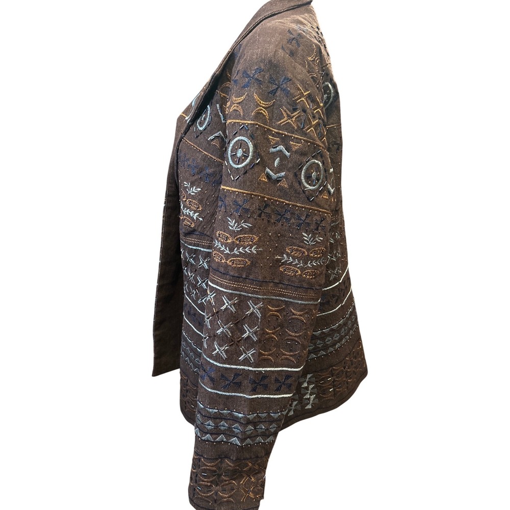 Coldwater Creek Brown Embroidered Geometric Tribal Beaded Blazer Jacket Sz 20W - Picture 4 of 11